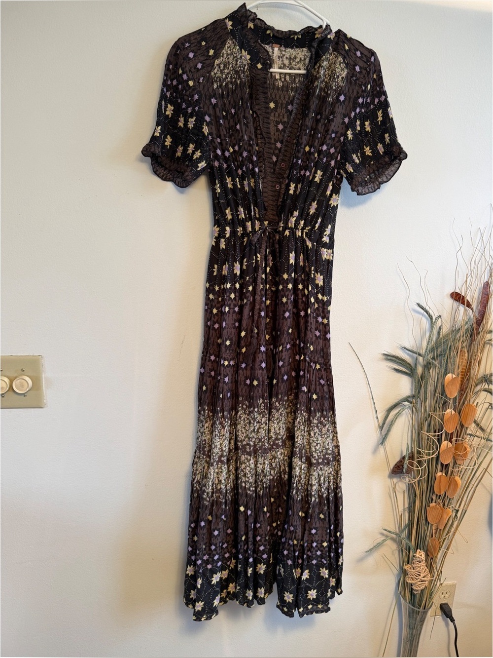 Free People Rare Feelings Maxi Dress Black Floral Star Tiered Boho